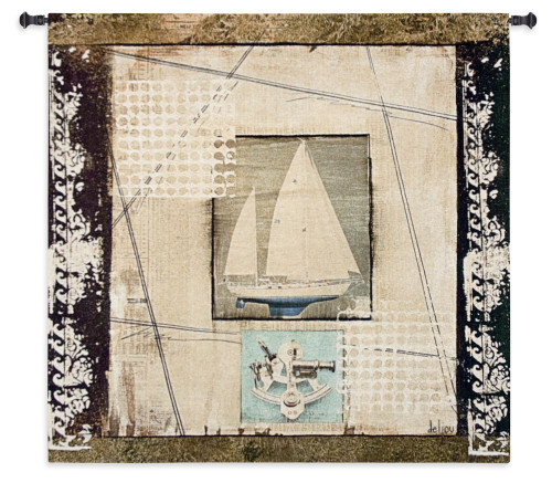 Navigations Zelda | Woven Tapestry Wall Art Hanging | Rustic Nautical Artwork with Sailboat and Sextant | 100% Cotton USA Size 52x52 Wall Tapestry