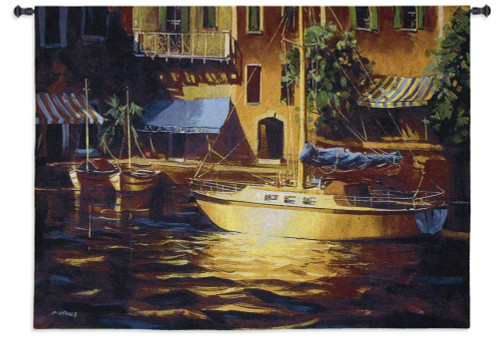 Port of Call | Woven Tapestry Wall Art Hanging | Lush Sunlit Italian Port with Sailboat | 100% Cotton USA Size 53x38 Wall Tapestry