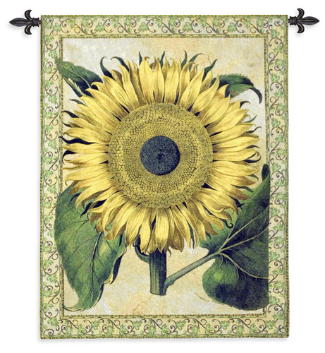 Flos Solis Major | Woven Tapestry Wall Art Hanging | Detailed Vivid Yellow Sunflower with Vine Border | 100% Cotton USA Size 53x40 Wall Tapestry