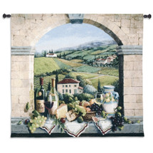 Vino de Tuscany by Barbara R. Felisky | Woven Tapestry Wall Art Hanging | Tuscan Villa Arch Wine and Grape Still Life | 100% Cotton USA Size 52x44 Wall Tapestry