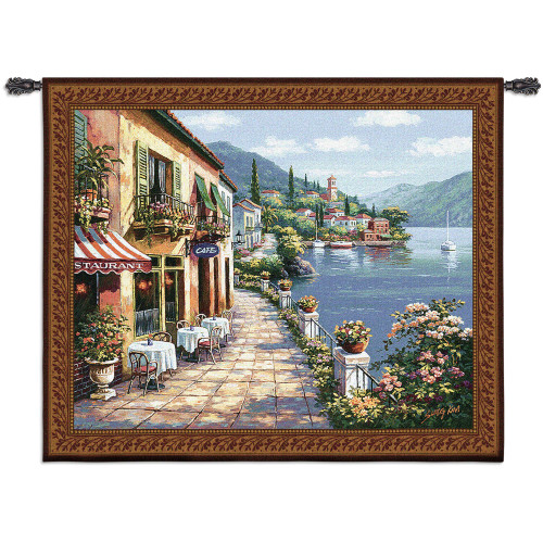 Overlook Cafe I by Sung Kim | Woven Tapestry Wall Art Hanging | Classic Mediterranean Village Coastal Cobblestone Walkway | 100% Cotton USA Size 53x44 Wall Tapestry