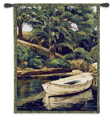 Barca y Palmeras | Woven Tapestry Wall Art Hanging | Lush Tropical Shore with Docked Rowboat | 100% Cotton USA Size 52x40 Wall Tapestry