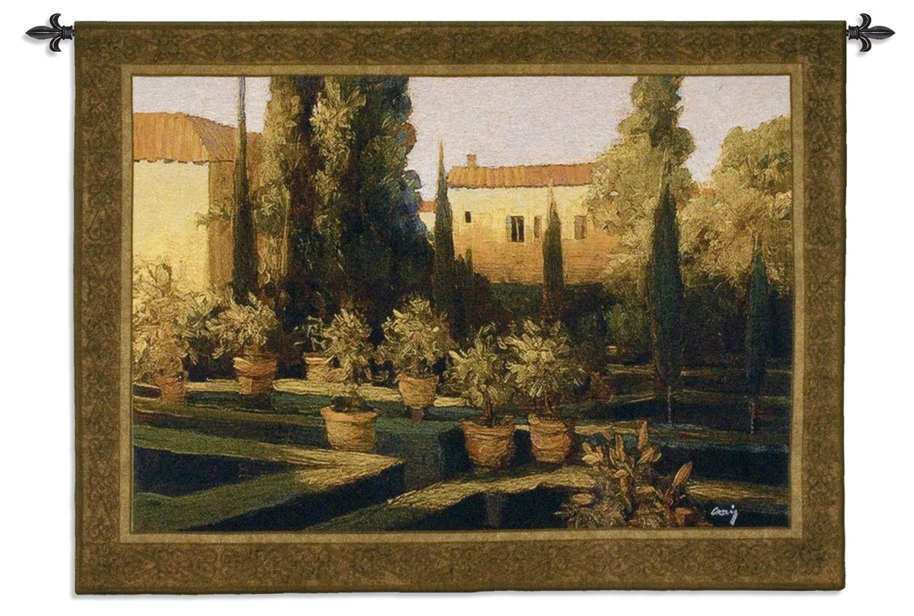 Verona Garden Woven Tapestry Wall Art Hanging Impressionist Villa  Courtyard at Sunset 100% Cotton USA Size 53x38