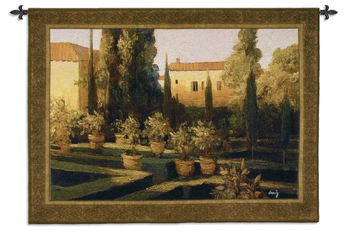 Verona Garden | Woven Tapestry Wall Art Hanging | Impressionist Villa Courtyard at Sunset | 100% Cotton USA Size 53x38 Wall Tapestry