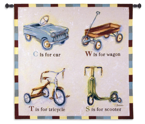 Car Wagon Tricycle Scooter | Woven Tapestry Wall Art Hanging | Playful Children’s Vehicles Spelling Artwork | 100% Cotton USA Size 44x43 Wall Tapestry