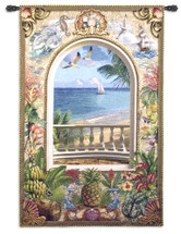 Wish You Were Here | Woven Tapestry Wall Art Hanging | Ocean Shore Balcony with Lush Tropical Imagery | 100% Cotton USA Size 80x53 Wall Tapestry