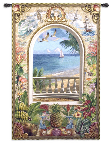 Wish You Were Here | Woven Tapestry Wall Art Hanging | Ocean Shore Balcony with Lush Tropical Imagery | 100% Cotton USA Size 80x53 Wall Tapestry