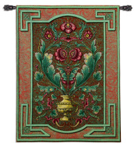 Moss Rose Urn | Woven Tapestry Wall Art Hanging | Deep Red Floral Centerpiece with Rich Jade Border | 100% Cotton USA Size 52x40 Wall Tapestry