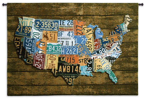 USA Tags Wood Background by Aaron Foster | Woven Tapestry Wall Art Hanging | Vintage License Plate USA Map | 100% Cotton USA Size 52x37 Wall Tapestry