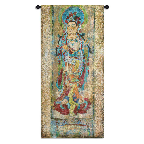 Lotus II | Woven Tapestry Wall Art Hanging | Radiant Asian Goddess on Textured Worn Scroll | 100% Cotton USA Size 50x24 Wall Tapestry