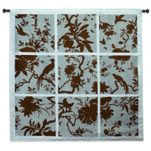 Floral Division Aqua and Brown | Woven Tapestry Wall Art Hanging | Silhouetted Tropical Birds and Plants Panel Artwork | 100% Cotton USA Size 53x52 Wall Tapestry