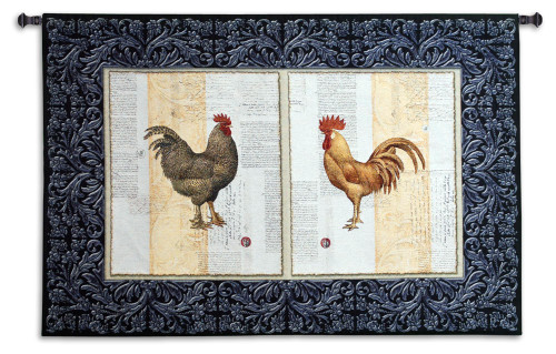 Poulette de Campagne | Woven Tapestry Wall Art Hanging | Classic Rooster and Chicken on Text Parchment | 100% Cotton USA Size 52x35 Wall Tapestry