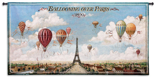 Ballooning Over Paris by Isiah and Benjamin Lane | Woven Tapestry Wall Art Hanging | Colorful Hot Air Balloons on Parisian Sky Vintage Drawing | 100% Cotton USA Size 48x25 Wall Tapestry