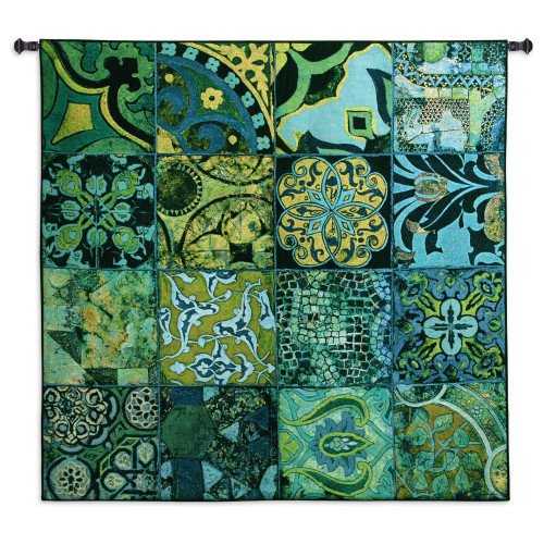 Colbalt Mosaic I | Woven Tapestry Wall Art Hanging | Rich Green and Turquoise Tile Panels | 100% Cotton USA Size 52x51 Wall Tapestry