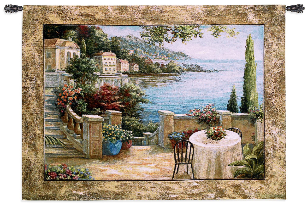 Mediterranean Terrace II by Vivian Flasch Woven Tapestry Wall Art Hanging  Italian Villa Seaside Coastal Theme 100% Cotton USA Size 54x41