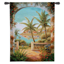 Tropical Terrace II by Vivian Flasch | Woven Tapestry Wall Art Hanging | Lush Tropical Seascape View through Terrace Arch | 100% Cotton USA Size 54x40 Wall Tapestry