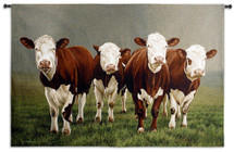Fab Four by Paul James | Woven Tapestry Wall Art Hanging | Posing Brown Cows on Foggy Field | 100% Cotton USA Size 78x53 Wall Tapestry