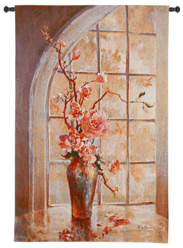Magnolia Arch I by Ruth Baderian | Woven Tapestry Wall Art Hanging | Beautiful Floral Vase at Arched Window | 100% Cotton USA Size 53x34 Wall Tapestry