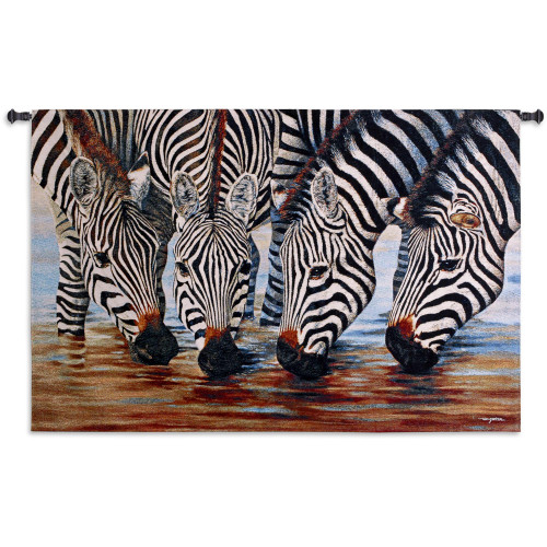 Stripes by Henk van Zanten | Woven Tapestry Wall Art Hanging | Photorealistic Thirsty African Zebras at Watering Hole | 100% Cotton USA Size 52x34 Wall Tapestry
