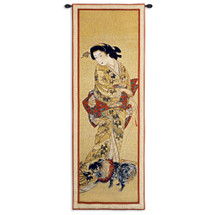 Lady with a Dog | Woven Tapestry Wall Art Hanging | Japanese Geisha Painting Scroll Artwork | 100% Cotton USA Size 51x18 Wall Tapestry