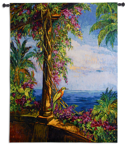El Mirador | Woven Tapestry Wall Art Hanging | Tropical Vibrant Ocean View from Archway | 100% Cotton USA Size 53x42 Wall Tapestry