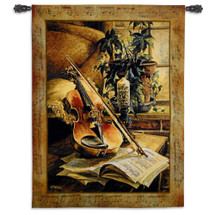 Serenade | Woven Tapestry Wall Art Hanging | Softly Lit Violin with Sheet Music | 100% Cotton USA Size 53x41 Wall Tapestry