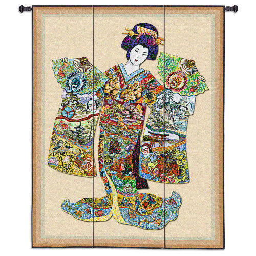 Geisha | Woven Tapestry Wall Art Hanging | Japanese Woman with Vibrant Elegant Kimono | 100% Cotton USA Size 53x41 Wall Tapestry
