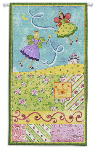 Patchwork Fairy I | Woven Tapestry Wall Art Hanging | Whimsical Princess Fairies on Pastel Field | 100% Cotton USA Size 44x25 Wall Tapestry
