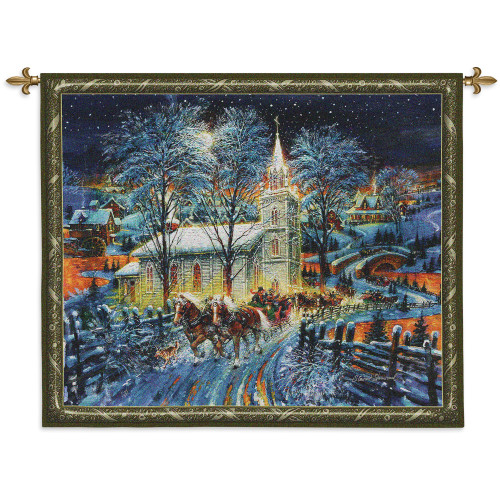 Midnight Clear | Woven Tapestry Wall Art Hanging | Snowy Church Steeple Festive Holiday Decor | 100% Cotton USA Size 53x43 Wall Tapestry