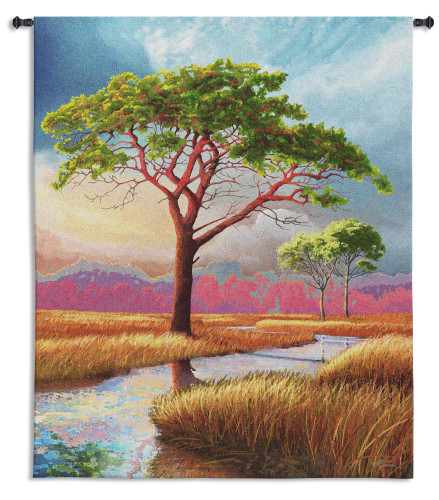 Daybreak on the Marsh | Woven Tapestry Wall Art Hanging | Dreamy Impressionist Landscape with Sturdy Tree | 100% Cotton USA Size 53x44 Wall Tapestry