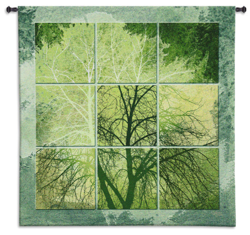 April Light | Woven Tapestry Wall Art Hanging | Contemporary Green Tree Silhouette Panel Art | 100% Cotton USA Size 53x53 Wall Tapestry