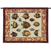 Coral Fish Study | Woven Tapestry Wall Art Hanging | Exotic Tropical Fish with Red Reef Border | 100% Cotton USA Size 53x42 Wall Tapestry
