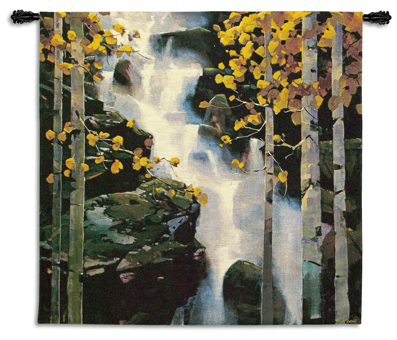 Waterfall by Michael O'Toole Woven Tapestry Wall Art Hanging Gushing  Water in Rocky Birch Landscape 100% Cotton USA Size 53x53