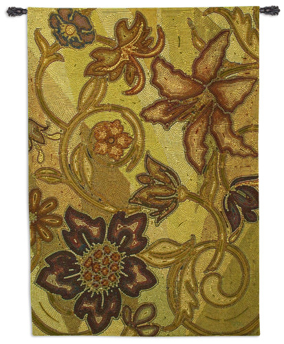 Autumn Mosaic | Woven Tapestry Wall Art Hanging | Fall Seasonal Olive Shaded Floral Mosaic Design | 100% Cotton USA Size 74x52 Wall Tapestry