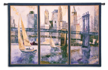 Sailing in the Afternoon Large by Borafull | Woven Tapestry Wall Art Hanging | Hudson River Sailboats with Bridges and New York City Skyline Panel Art | 100% Cotton USA Size 77x53 Wall Tapestry