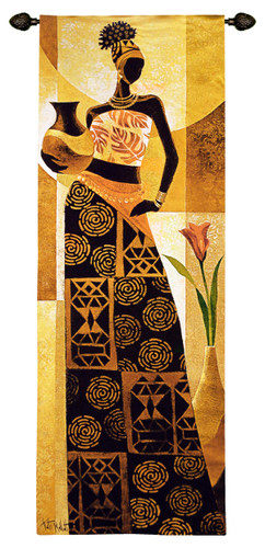 Naima by Keith Mallett | Woven Tapestry Wall Art Hanging | Woman Posing in Intricate Geometric Dress African Style | 100% Cotton USA Size 73x26 Wall Tapestry