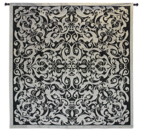 Silver Scroll | Woven Tapestry Wall Art Hanging | Architectural Metal Filigree Pattern | 100% Cotton USA Size 53x53 Wall Tapestry