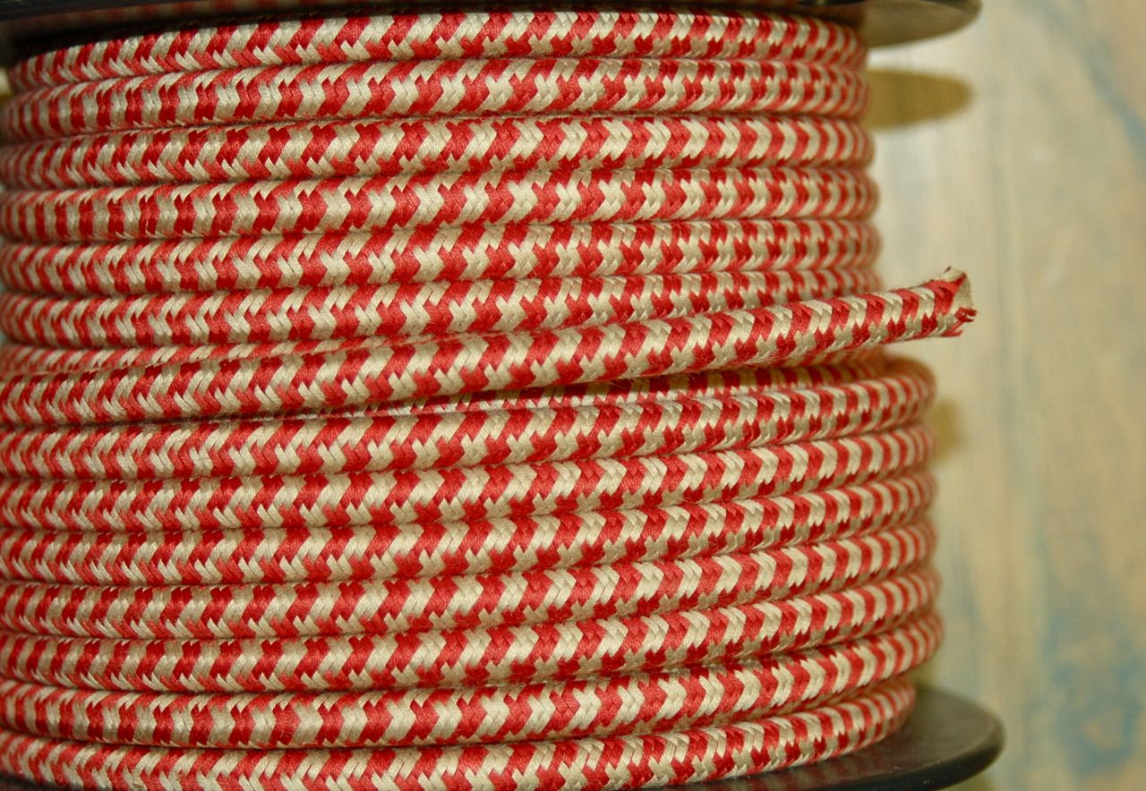18ga Vintage Pulley Cable Red/Tan Hounds-Tooth Cloth Covered 3-Wire Round Cord 