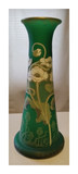  Mont Joye 14" Green Satin Glass Vase Enameled Impasto Flowers