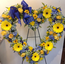 Blue, white and yellow open standing heart.