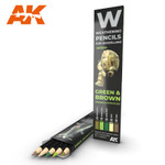 AK Interactive: Weathering Pencils - Green & Brown Shading & Effects Set