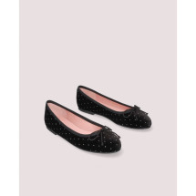 Ballerina Marilyn with an almond shaped toe in black velvet featuring tiny silver glitter dots, rubber sole, leather insole and lining.