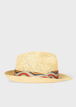 Made in Italy from 100% paper, this straw coloured trilby hat features a lightweight summer design - complete with 'Swirl' ribbon detailing. 
Finished with a tonal grosgrain inner headband for comfort.
100% Paper

Made in Italy