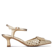 Women' shoes  from Xti. Made from a leather-like material with an elegant braided mesh design. A rhinestone detail on the vamp adds a sophisticated and sparkling touch. They feature an ankle strap with a buckle, ensuring a secure and comfortable fit. The 6 cm stiletto heel is ideal for special occasions or for adding a touch of elegance to any look. This style has received vegan certification from PETA (the global animal rights organisation).