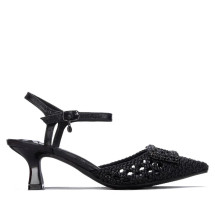 Women' shoes  from Xti. Made from a leather-like material with an elegant braided mesh design. A rhinestone detail on the vamp adds a sophisticated and sparkling touch. They feature an ankle strap with a buckle, ensuring a secure and comfortable fit. The 6 cm stiletto heel is ideal for special occasions or for adding a touch of elegance to any look. This style has received vegan certification from PETA (the global animal rights organisation).