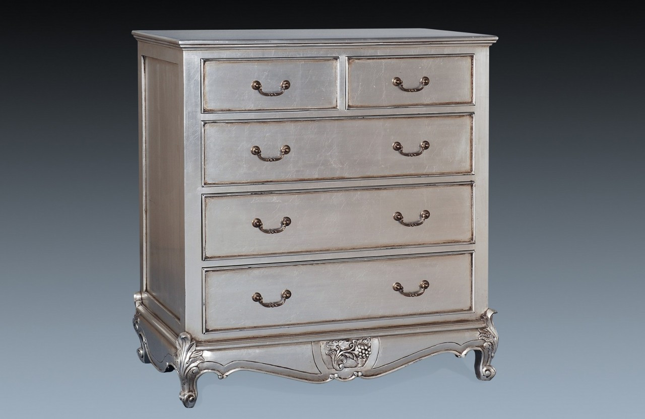 French Carved Chest 5 Drawer Silver Leaf French Country