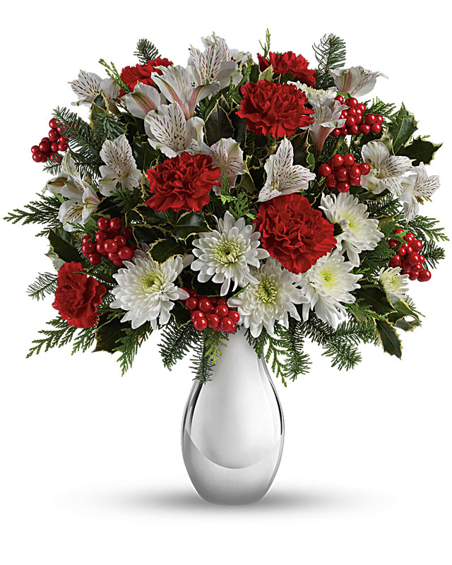 silver and white christmas flower arrangements