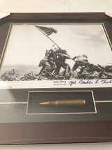 "Flag Raising Over Iwo Jima" framed photograph signed by survivor Mahlon Fink - matted to include an M1 Garand bullet