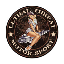 Spark Plug Pinup Round Metal Sign Pasttime Signs