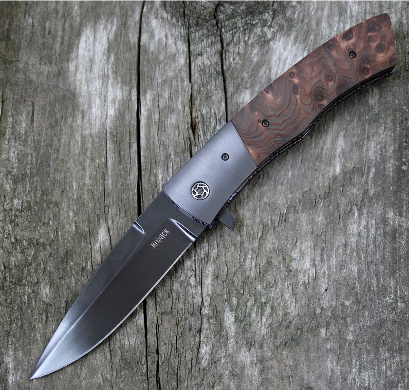 Jim Minnick Custom Redwood Burl Flipper Knife (4.0" Black Oxide)